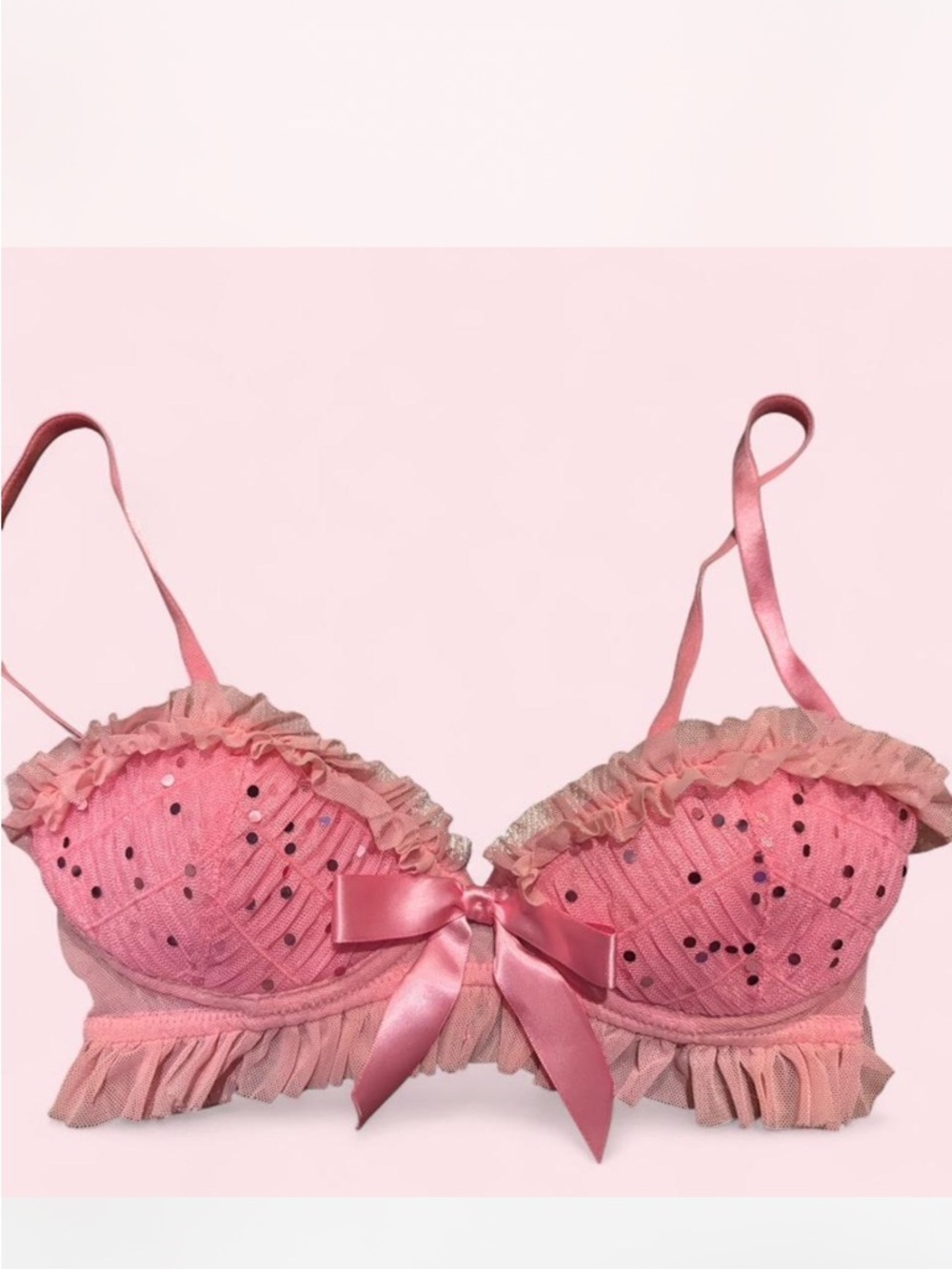 Pink Ruffled Satin Bow Push-Up Bra